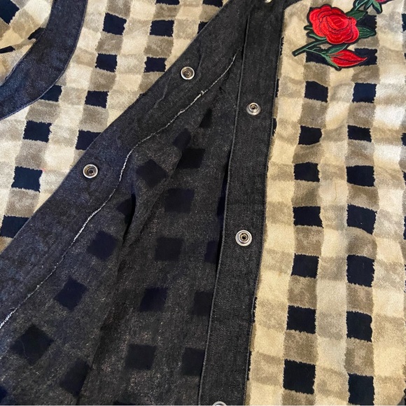 Checkered Shacket Jacket Shirt Rose Flower Embroidery Snap Button Down Gingham - Picture 8 of 11